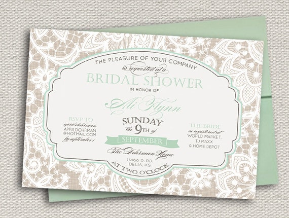 Elegant Lace Bridal Shower Invitation // Greige &  Aqua Mint Sea Foam Green