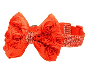 Red Rhinestone Dog Collar Bow Set, Dog Collar Bow: Red Rhinestone with Rosette Bow