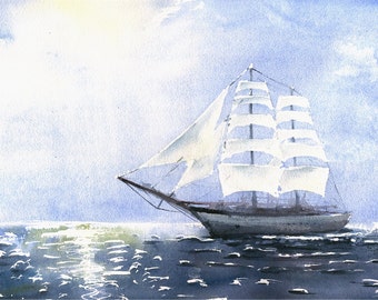 Original Marine Watercolor Painting "Sunny Day - Tall Ship" Aquarelle Waterscape Watercolour