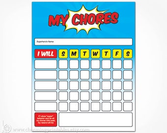 Printable Chore Chart for Boy - INSTANT DOWNLOAD - Boy Toddler Kids Children Superhero Weekly Reward Chart - Chore Card Dry Erase Frame