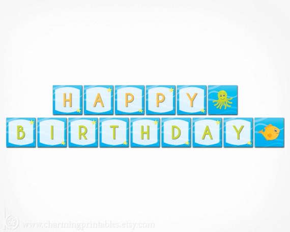 Under the Sea Birthday Banner - DIY Printable PDF File - Blue Boy Happy Birthday Banner - Fish Octopus Starfish Party Decoration Il_570xn