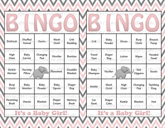 60 Baby Shower Bingo Cards - DIY Printable Party for Baby Girl - Instant Download - Pink Gray Chevron Elephant Baby Shower Gift Bingo