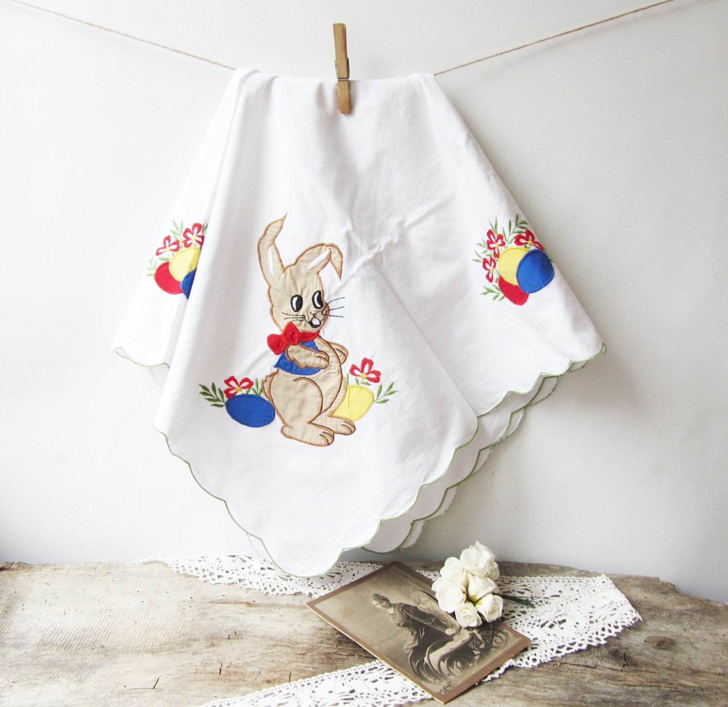 Vintage Easter Tablecloth with Rabbit and easter eggsEaster