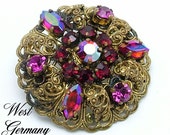 Vintage Brooch Made In Germany Aurora Borealis Rhinestone and Golden Filigree