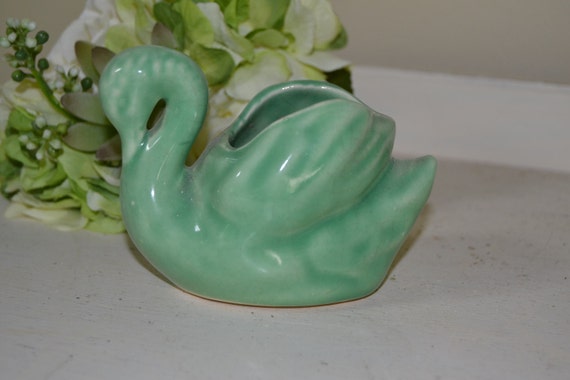 Items similar to Vintage Mint Green Swan Ceramic Vase Planter Home and ...