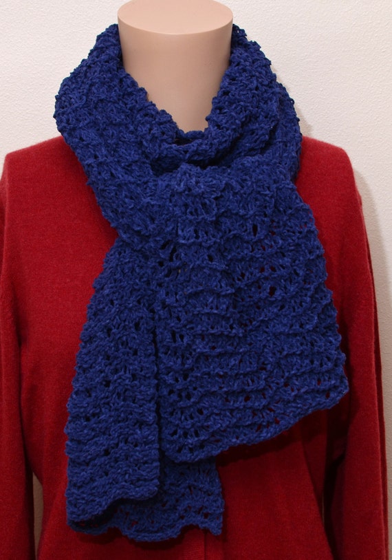 Hand Knit Shawl or Wrap Blue Cotton Chenille Feather Fan