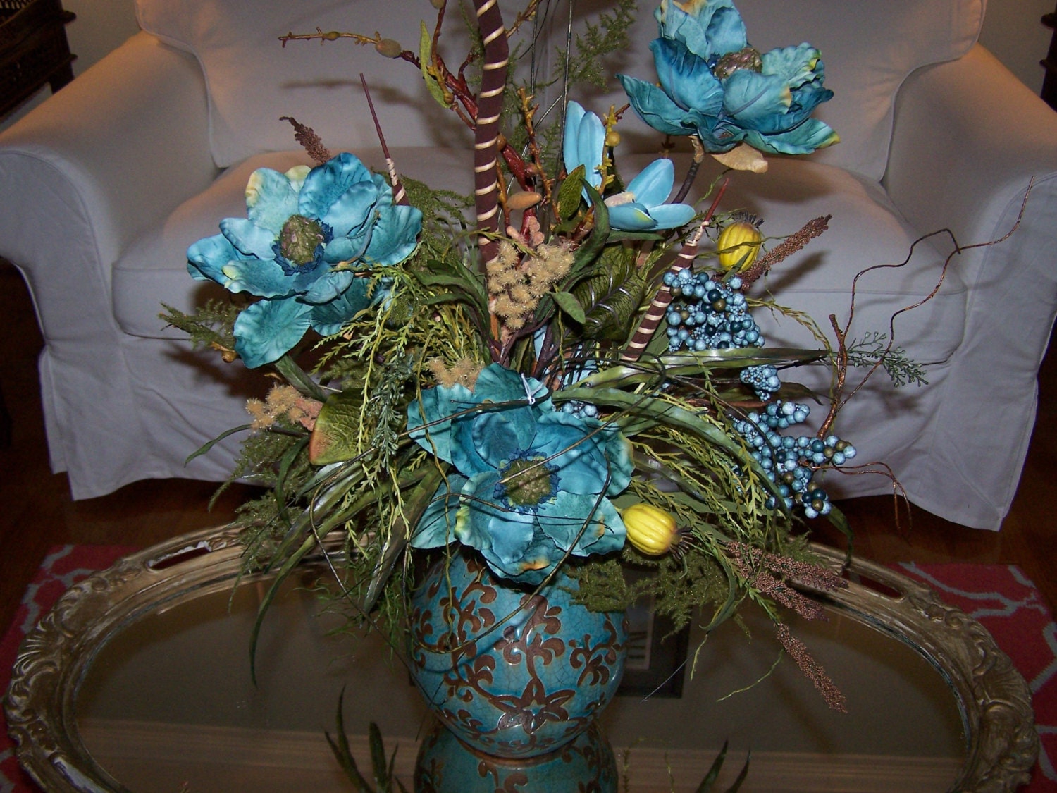 TURQUOISE & BROWN FLORAL Arrangement Vase Turquoise