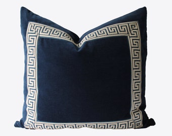 Decorative Greek Key Pillow, Indigo, Navy Blue Velvet, Chinoiserie Pillow, 22x22, 24x24, 26x26, Throw Pillow