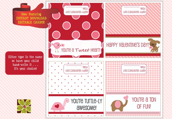 INSTANT DOWNLOAD - EDITABLE Personalized Kids Valentine's Day Treat Toppers - 4 card sheet Il_570xn