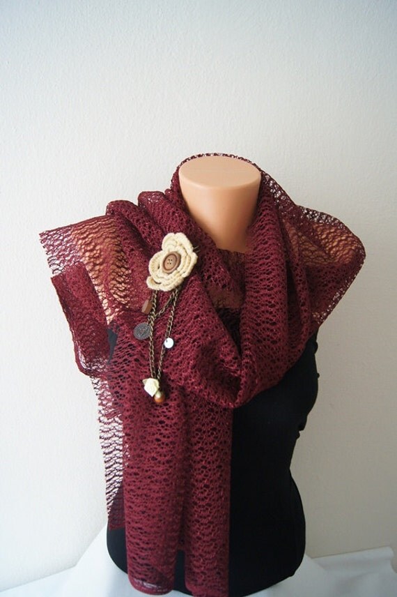 FREE SHIPPING ShawlBurgundy Lace Shawl with Brooch Feminine