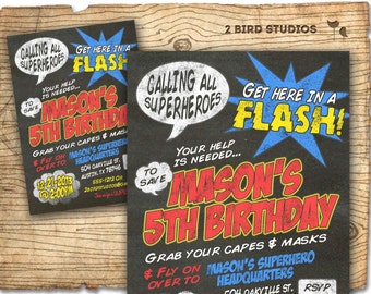 Super hero Invitation - DIY printable super hero invite in chalkboard style - Superhero birthday party invitation