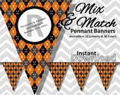 Orange Argyle Halloween Bunting Pennant Banner Instant Download, Mix & Match Banners:12 patterns/40 colors - DIY Printable Party Decorations Il_170x135