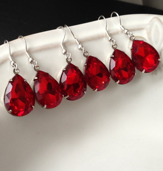 Items Similar To 6 Pairs Red Teardrop Earrings Red Bridesmaids Earrings Ruby Red Rhinestone 