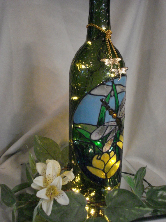 Dragonfly Wine Bottle Lamp Green