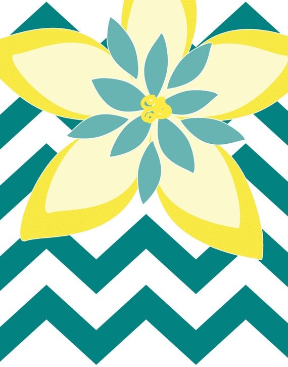 Modern Floral Teal Grey Yellow Wall Art Abstract by 7WondersDesign
