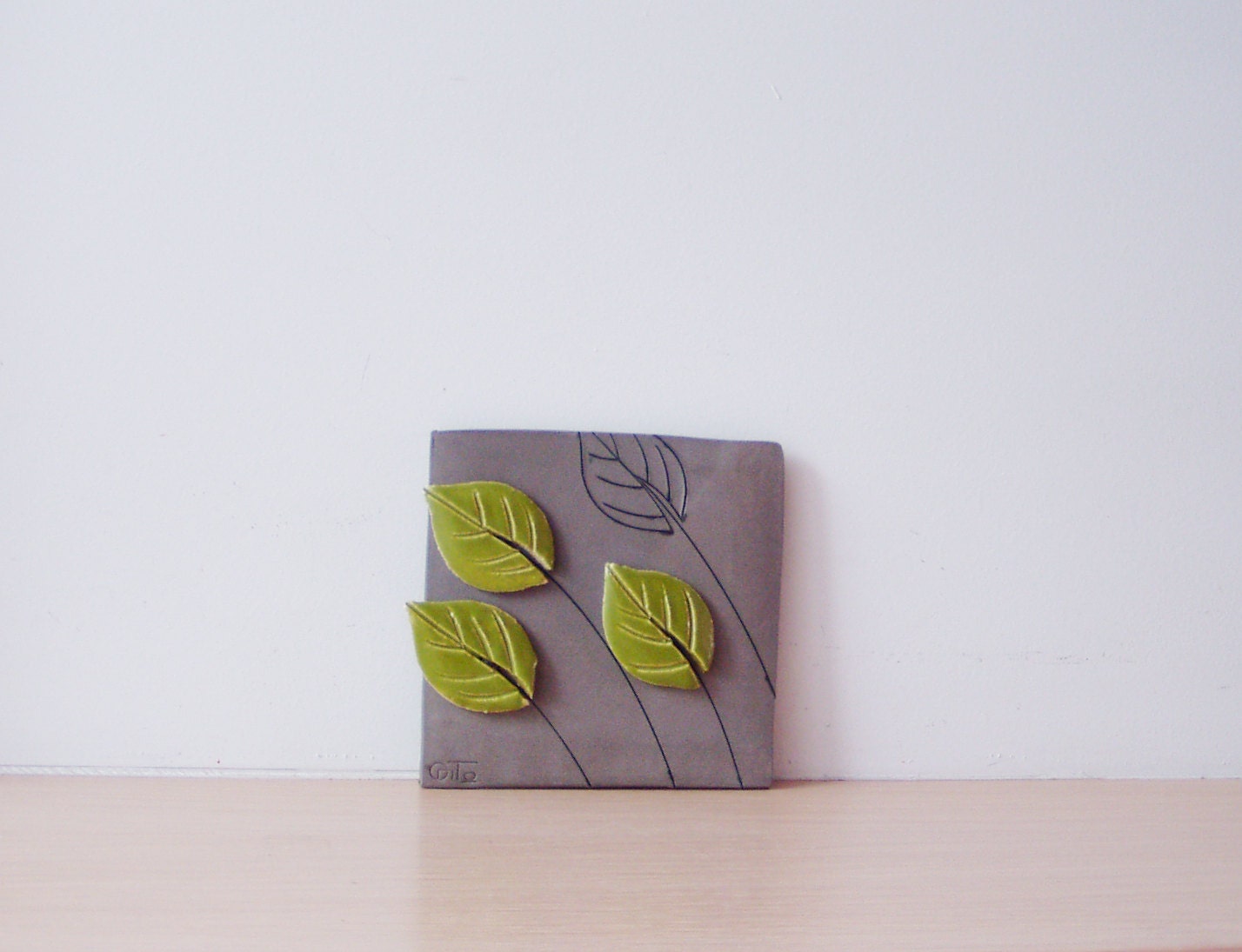 Green leaves ceramic tile square wall tile with three by ArktosArt