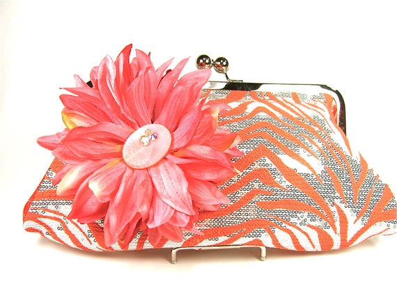 Orange and Silver Sequin Zebra Floral  Bridal Purse, Evening Clutch