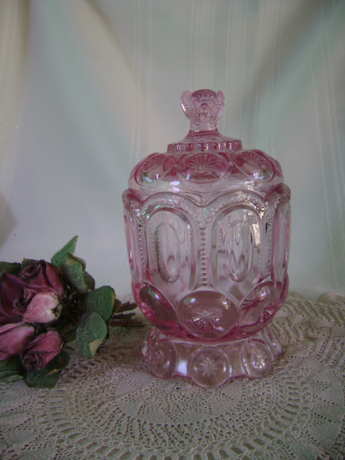 Beautiful Vintage Pink Moon and Stars Glass Biscuit Jar