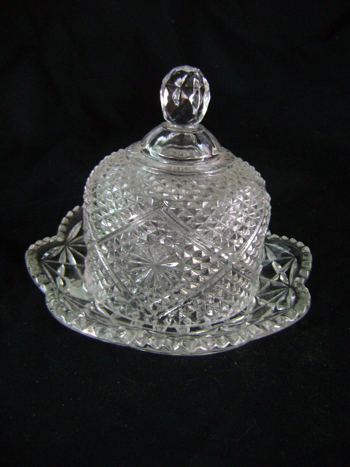 Vintage Round Butter Dish Cut Glass Star Diamond Pattern
