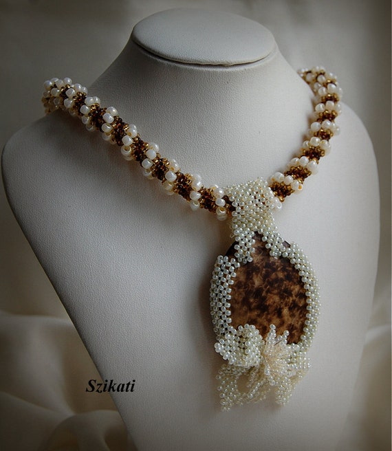 Beadwoven beige gold brown pendant necklace, Statement necklace, Seed bead necklace, OOAK jewelry