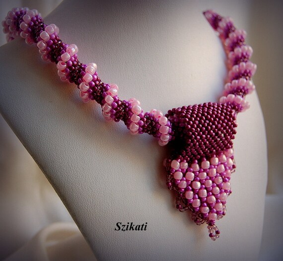 Beadwoven pink necklace, Statement necklace, Seed bead necklace, OOAK jewelry, Cellini Spiral, Beadwork,