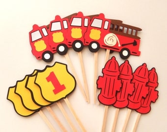 Fire Truck Party Cupcake Toppers Firetruck Birthday Fire Hydrant Fireman's shield with Number by FeistyFarmersWife