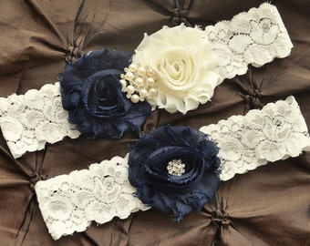 Wedding Garter Set, Bridal Garter Belt - Ivory Lace Garter, Keepsake Garter, Toss Garter, Shabby Navy Wedding Garter, You Pick Colors