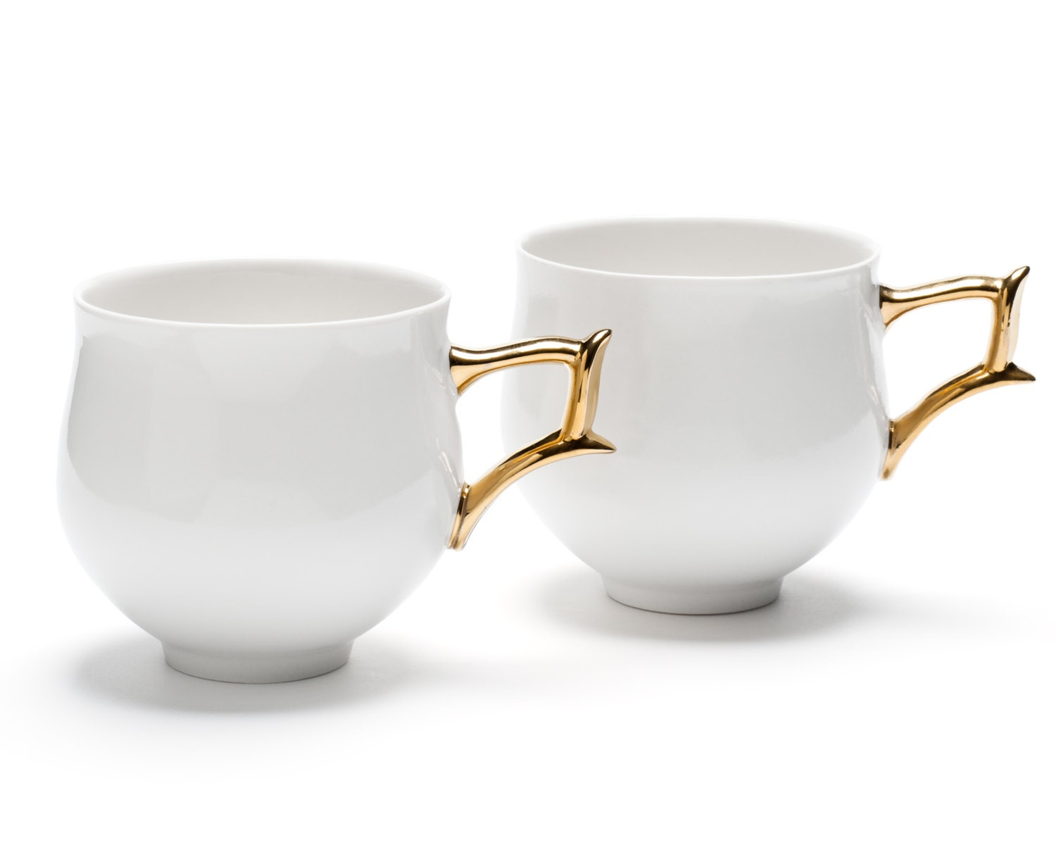 Porcelain Cups Set White Ceramics with Gold Handlers Coffee
