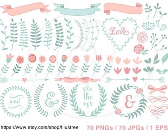 70 flower digital clipart, wedding clip art, hand-drawn laurel wreath, scrapbooking, spring, pastel, commercial use, PNG, EPS, SVG, download