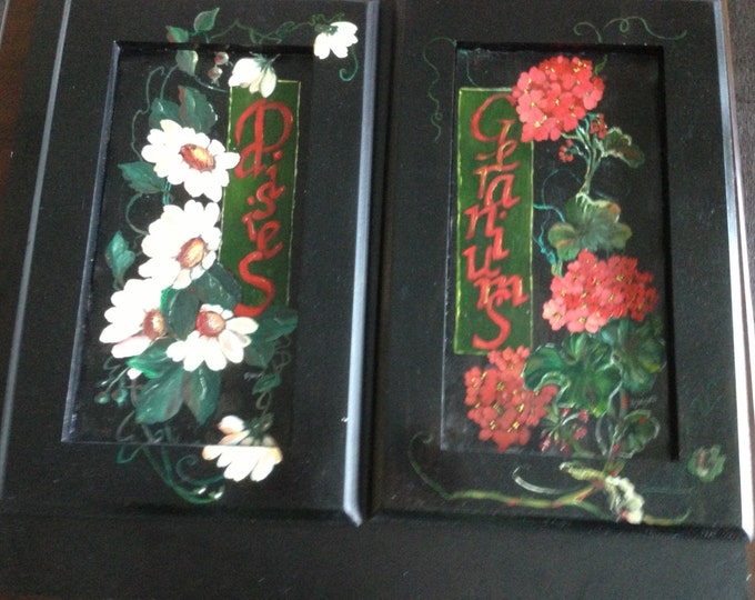 Set of 2 Acrylic Paintings on Wood. One is Daisies and the other is Geraniums.