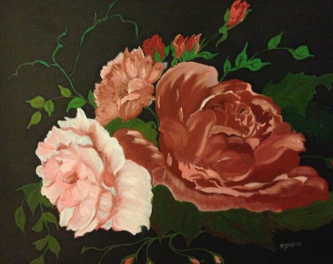 Roses in Oil on Black Background - 12 x 14 picture in a 18 x 24 Antique Goldish Brown Wood Frame
