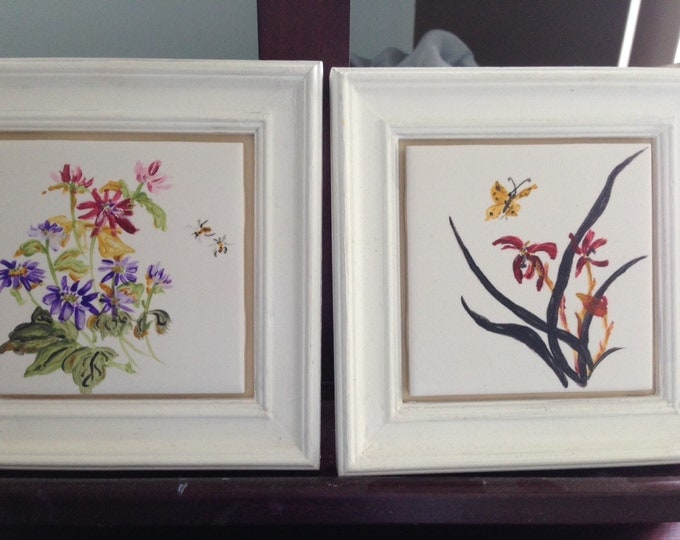 Pair of White Tiled Paintings in Wood Frames