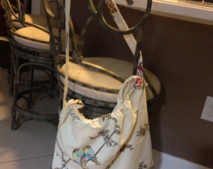 Cotton and Canvas Tote Bag with Over the Shoulder Strap and Button Closure - Bird Design