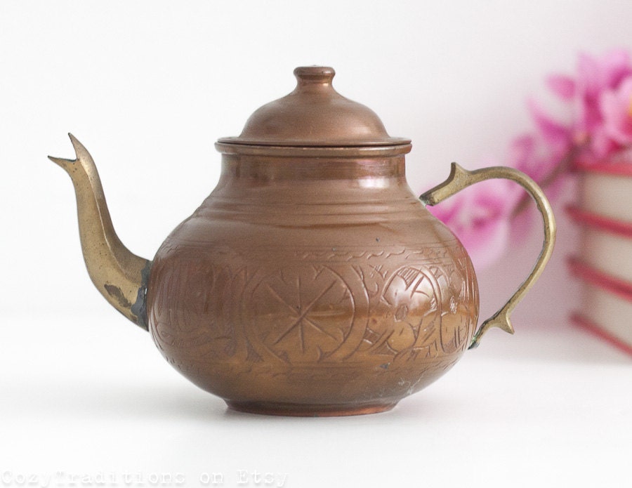 Copper Moroccan Teapot Vintage Mediterranean Teapot with