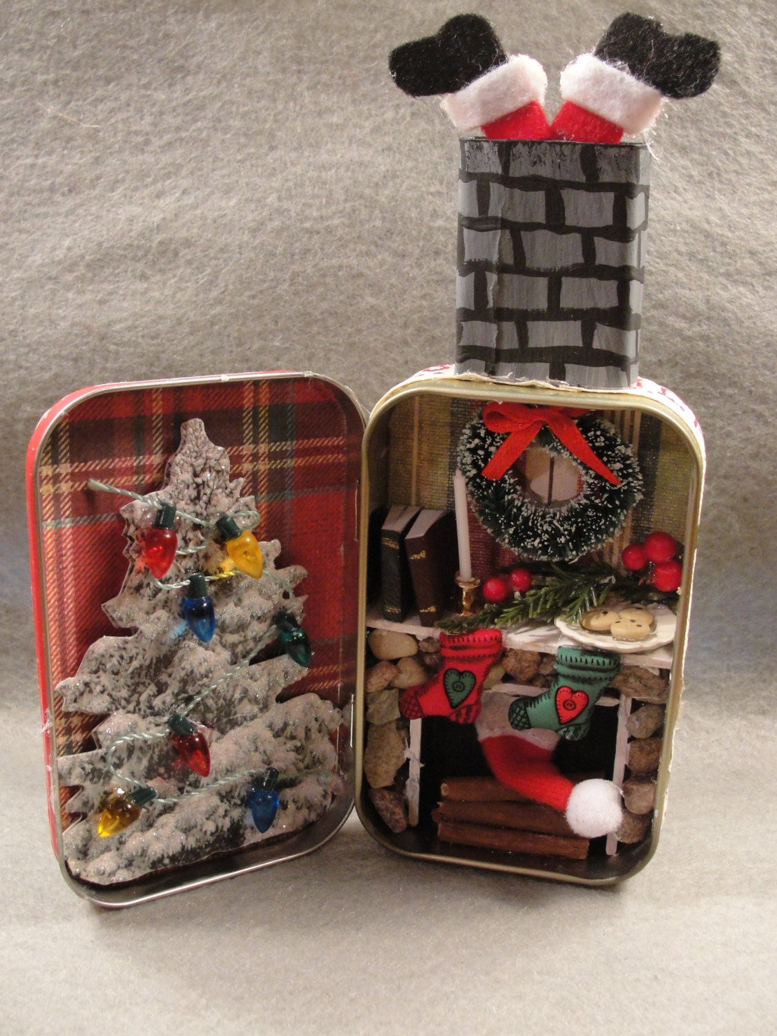 Christmas Holiday Santa Stuck in Chimney Fire Mantel Altoids Tin Shadow Box Decoration