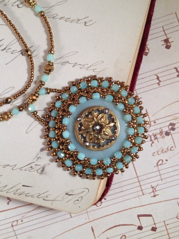 Items similar to Bead embroidered Vintage Antique Victorian button Necklace Bead embroidered Art