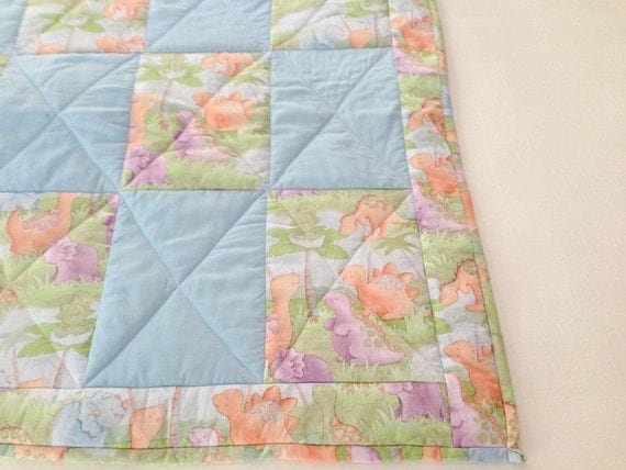 Darling Hand Made baby quilt, Blue with Dinosaurs, Baby Boy Gift