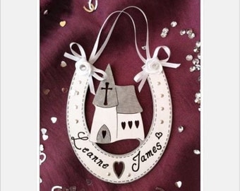 Wedding Horseshoe Gift Wooden Church Personalised with Bride and Grooms Names