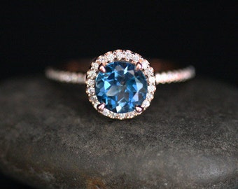London Blue Topaz Engagement Ring Topaz Halo Ring in 14k Rose Gold with London Blue Topaz Round 7mm and Diamond Halo