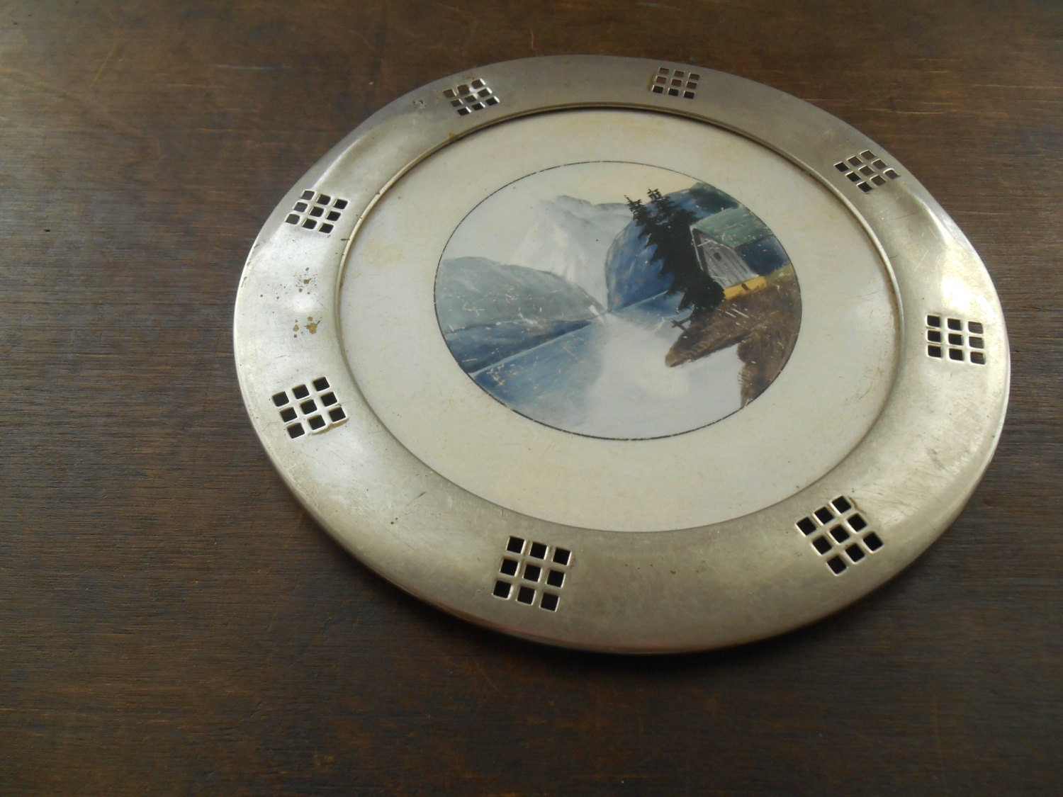 Vintage porcelain metal pot holder Round pot holder Shabby