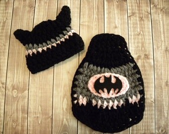 Batgirl Inspired hat and cape. Newborn baby girl photo prop bat hat and cape. Crochet super hero hat and cape.