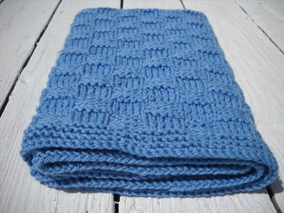 Baby Blanket Hand Knit Basketweave Children Afghan Blue