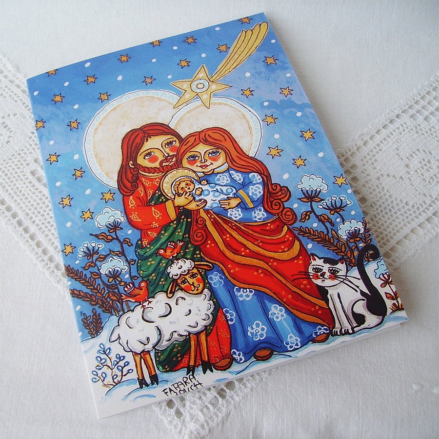 Holy Family and the star picture Christmas crib greeting card postcard nativity creche crib child Mother God Joseph Virgin Mary winter snow
