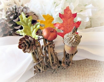 Autumn Napkin Rings, Leaf- Pine Cone- Acorn- Pumpkin Napkin Rings, Rustic Fall Thanksgiving Napkin Rings, Fall Autumn Table Decor Decoration