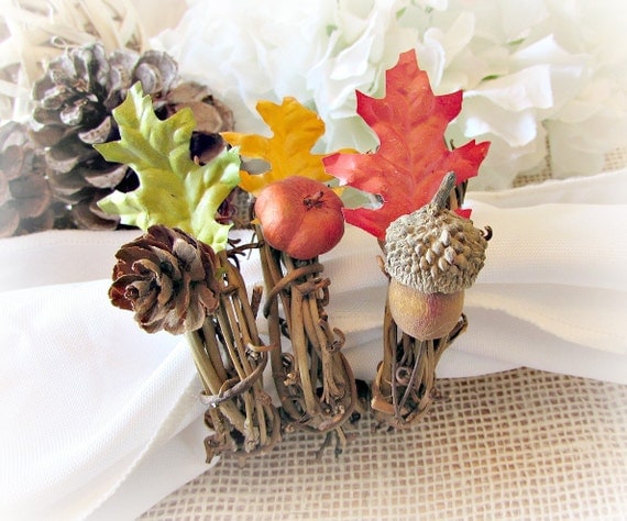 Rustic Autumn Fall Oak Leaf Napkin Rings, Pine Cone Acorn Pumpkin Napkin Rings, Thanksgiving Napkin Ring, Fall Autumn Table Decor Decoration