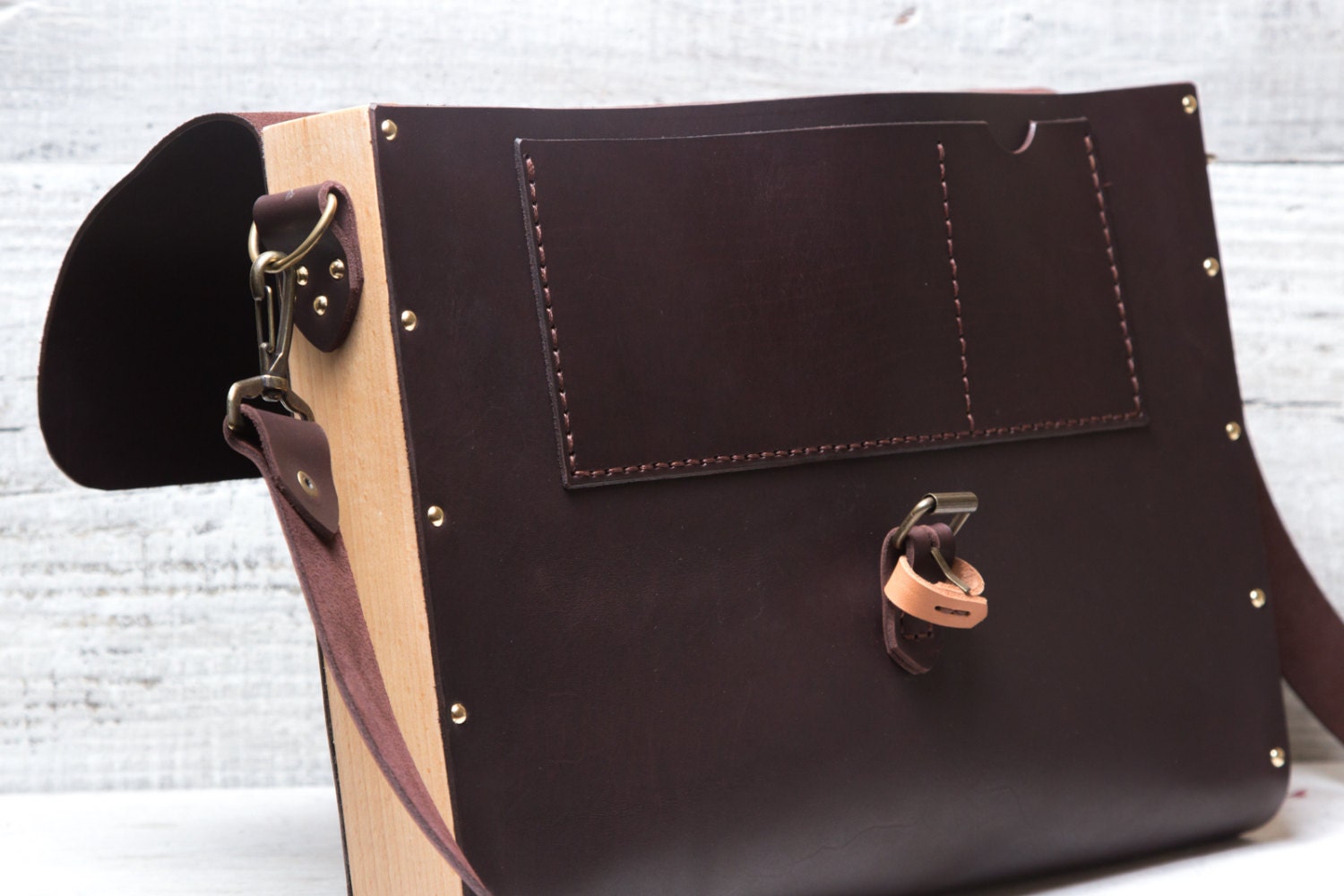 Leather wood briefcase messenger bag. Hand stitched dark