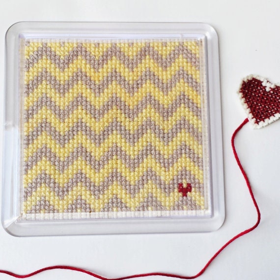 Chevron Pattern Coaster Cross Stitch Coaster Grey and Cream
