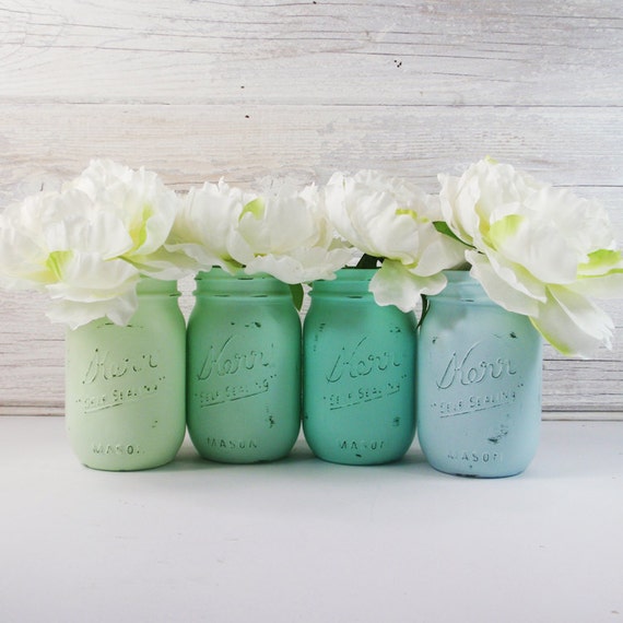 4 Hand Painted Pint Mason Jar Flower VasesSeafoam Collection