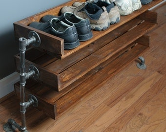 Handmade Reclaimed Wood Shoe Stand / Rack / Organizer with Pipe Stand Legs