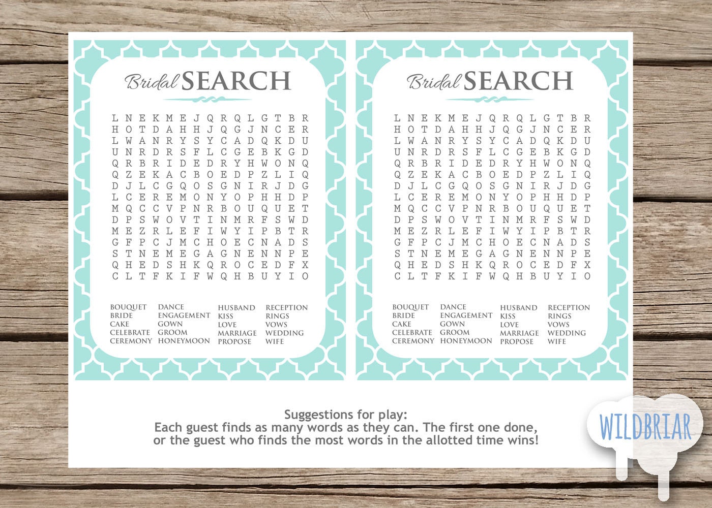 Word Search and Bride Quiz Printable Bridal by WildbriarDesign